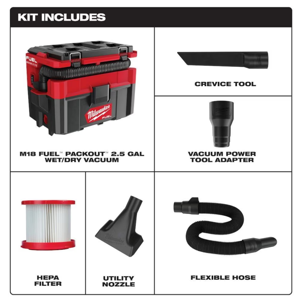Milwaukee 0970-20 M18 FUEL PACKOUT 18V Lithium-Ion Cordless 2.5 Gal. Wet/Dry Vacuum (Tool-Only)