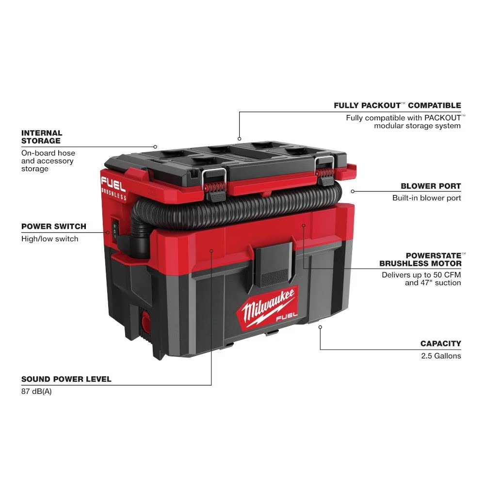 Milwaukee 0970-20 M18 FUEL PACKOUT 18V Lithium-Ion Cordless 2.5 Gal. Wet/Dry Vacuum (Tool-Only)