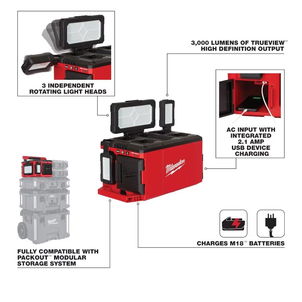 Milwaukee 2357-20 M18 18V Lithium-Ion Cordless PACKOUT 3000 Lumens LED Light with Built-In Charger