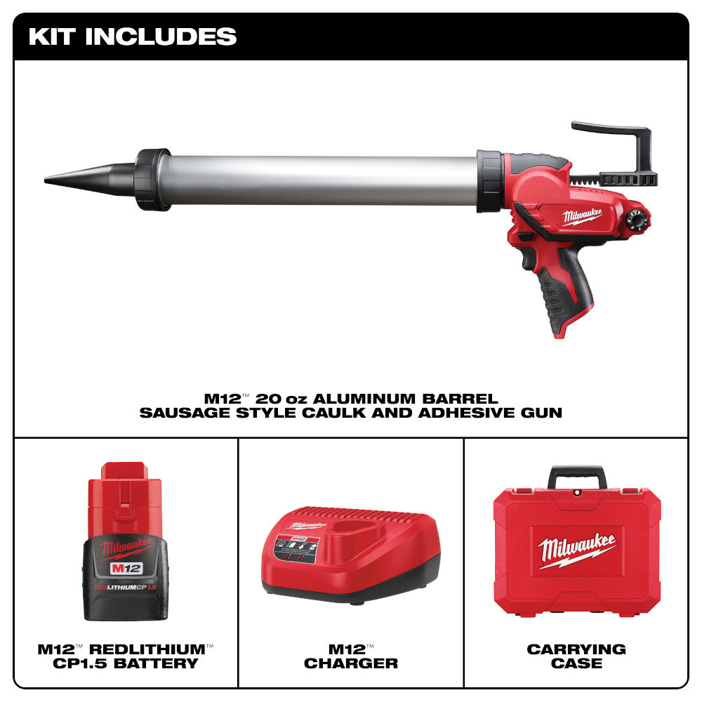Milwaukee 2442-21 M12 20oz Aluminum Sausage Style Caulking Gun Kit