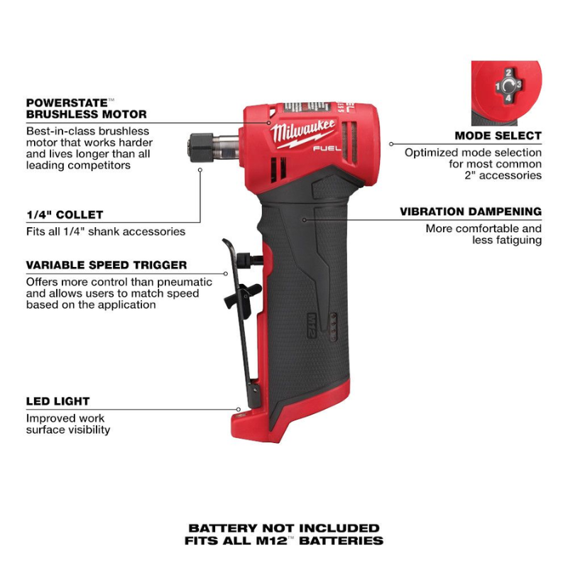 Milwaukee 2485-20 12V M12 FUEL Lithium-Ion Brushless Cordless 1/4" Right Angle Die Grinder with (Tool-Only)