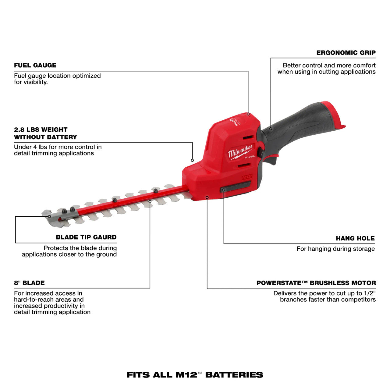 Milwaukee 2533-20 M12 FUEL 12V Lithium-Ion Brushless Cordless 8 inch Hedge Trimmer (Tool-Only)