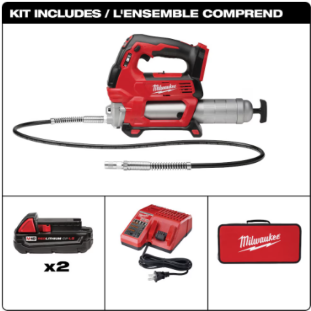Milwaukee 2646-22CT M18 18-Volt Lithium-Ion Cordless Grease Gun 2-Speed with (2) 1.5Ah Batteries, Charger, Tool Bag