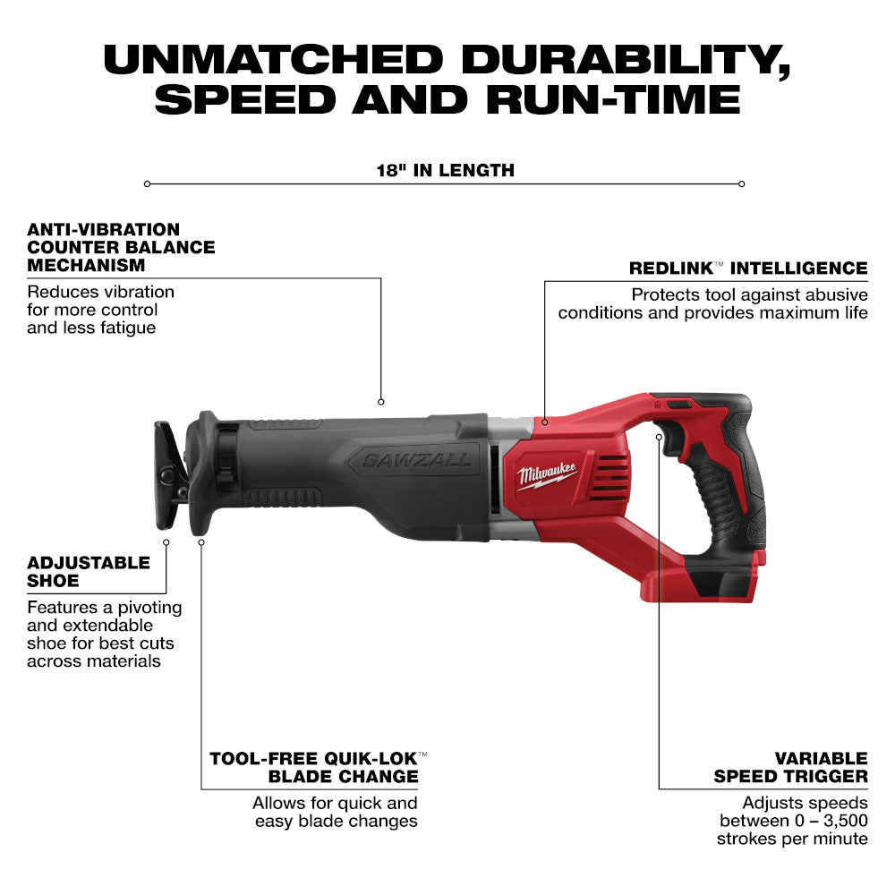 Milwaukee 2696-26 M18 6-Tool Cordless 4-1/2in Cut-Off/Grinder / 1/2in Hammer Drill/Driver / 1/4in Impact Driver / 6-1/2in Circular Saw / Reciprocating Saw / Work Light Combo Kit