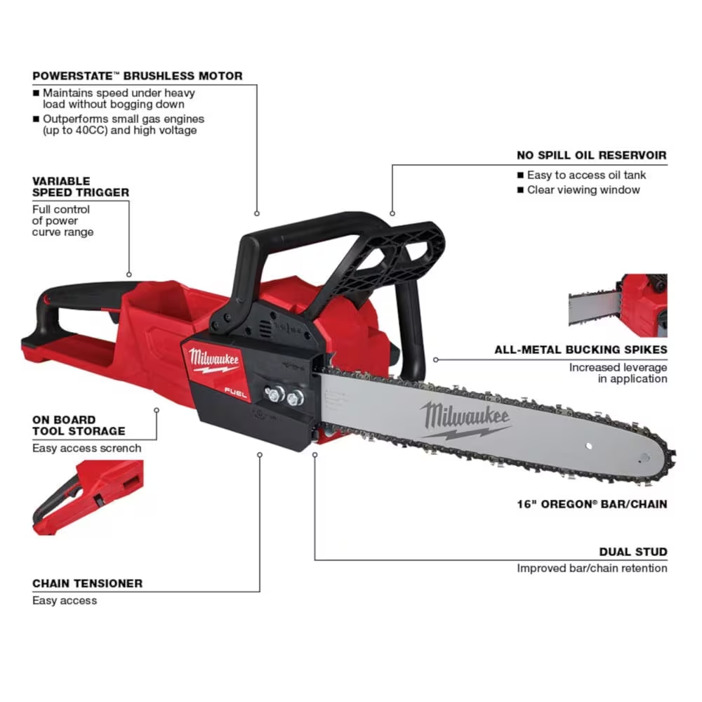 Milwaukee 2727-20 M18 FUEL 16 in. 18-Volt Lithium-Ion Brushless Cordless Chainsaw (Tool-Only)