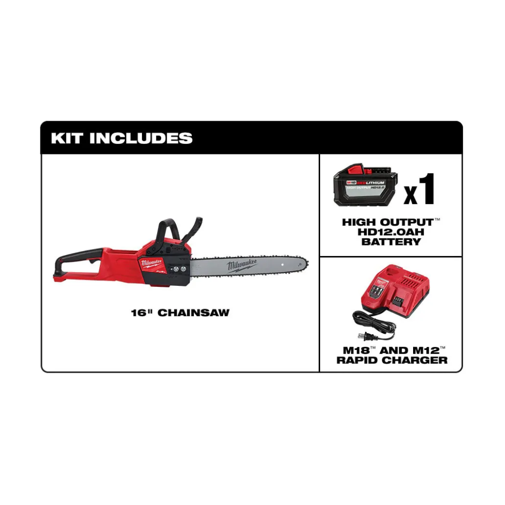 Milwaukee 2727-21HD M18 FUEL 16 in. 18V Li-Ion Brushless Cordless Chainsaw Kit w/ 12.0Ah Battery and Rapid Charger