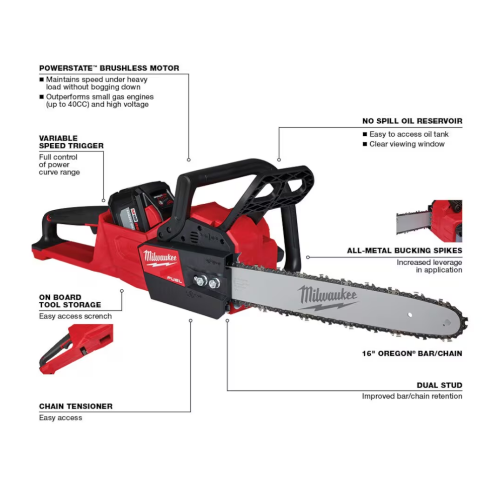 Milwaukee 2727-21HD M18 FUEL 16 in. 18V Li-Ion Brushless Cordless Chainsaw Kit w/ 12.0Ah Battery and Rapid Charger
