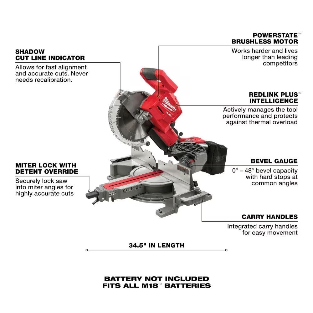 Milwaukee 2734-20 M18 FUEL 18V Lithium-Ion Cordless 10" Dual Bevel Sliding Compound Miter Saw (Tool Only)