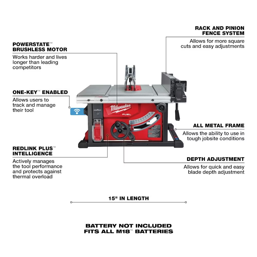 Milwaukee 2736-20 M18 FUEL 18V Lithium-Ion Brushless Cordless 8-1/4" Table Saw with ONE-KEY (Tool Only)