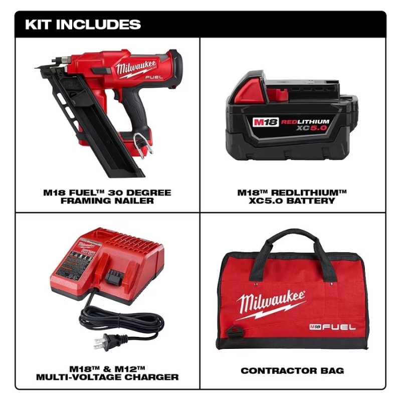Milwaukee 2745-21 M18 FUEL 18V 3-1/2 Inch 30-Degree Cordless Framing Nailer Kit w/ M18 5.0 Ah XC Battery