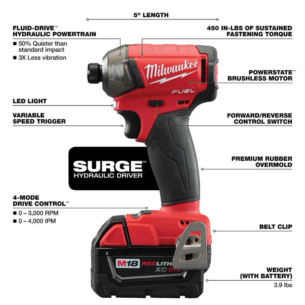 Milwaukee 2760-22 M18 FUEL SURGE 18-Volt Brushless Cordless 1/4 -inch Hex Impact Driver Compact Kit With (2) 5.0Ah Batteries