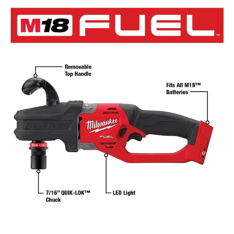 Milwaukee 2808-20 M18 FUEL 18V Li-Ion Brushless Cordless 7/16" Hole Hawg RA Drill Kit with Quick-Lok (Tool Only)