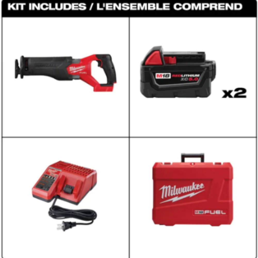 Milwaukee 2821-22 M18 FUEL 18-Volt Lithium-Ion Brushless Cordless SAWZALL Reciprocating Saw Kit (2) 5.0 Ah Batteries