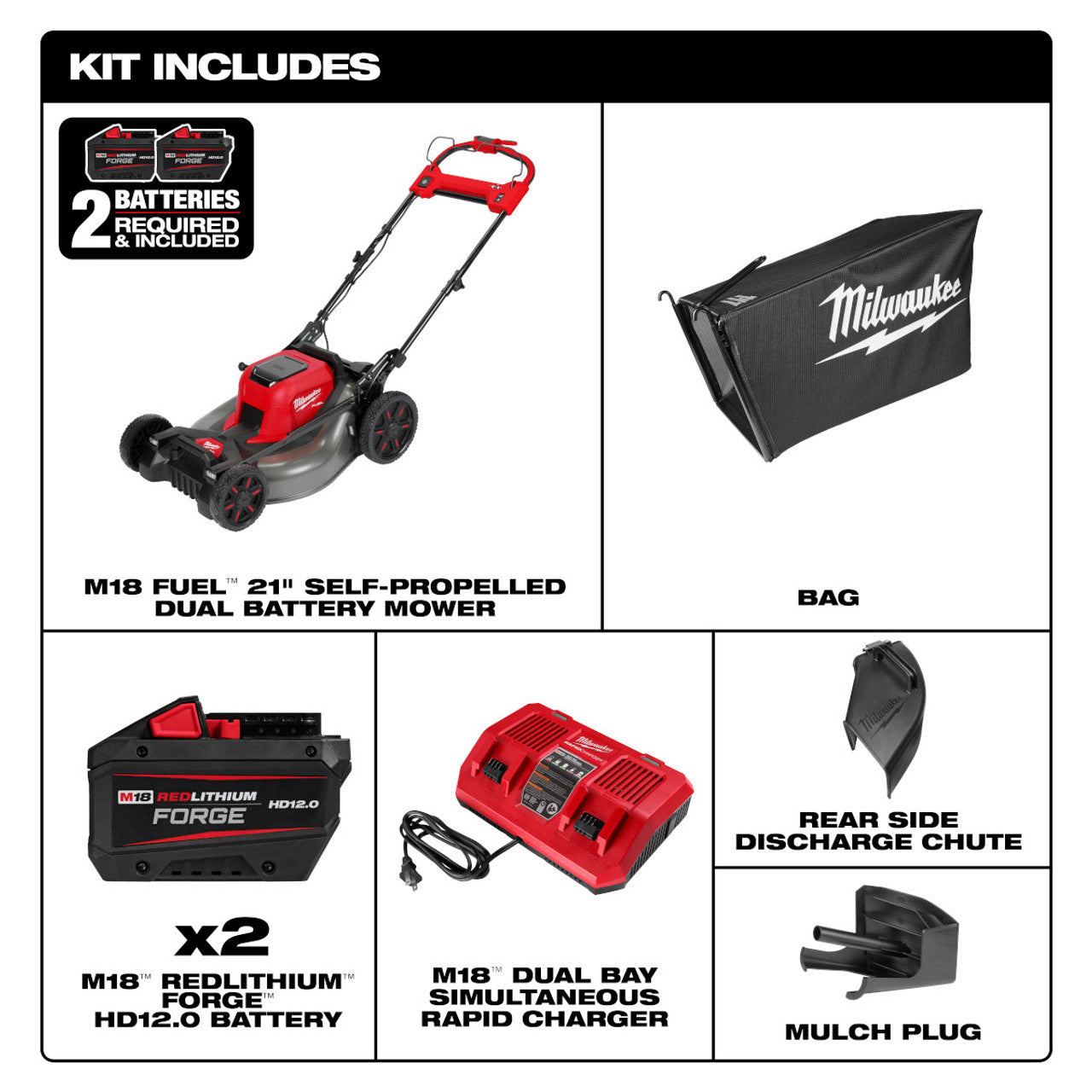 Milwaukee 2823-22HD M18 FUEL 18V Brushless Cordless 21-inch Walk Behind Self-Propelled Lawn Mower W/(2) 12.0 Ah Battery