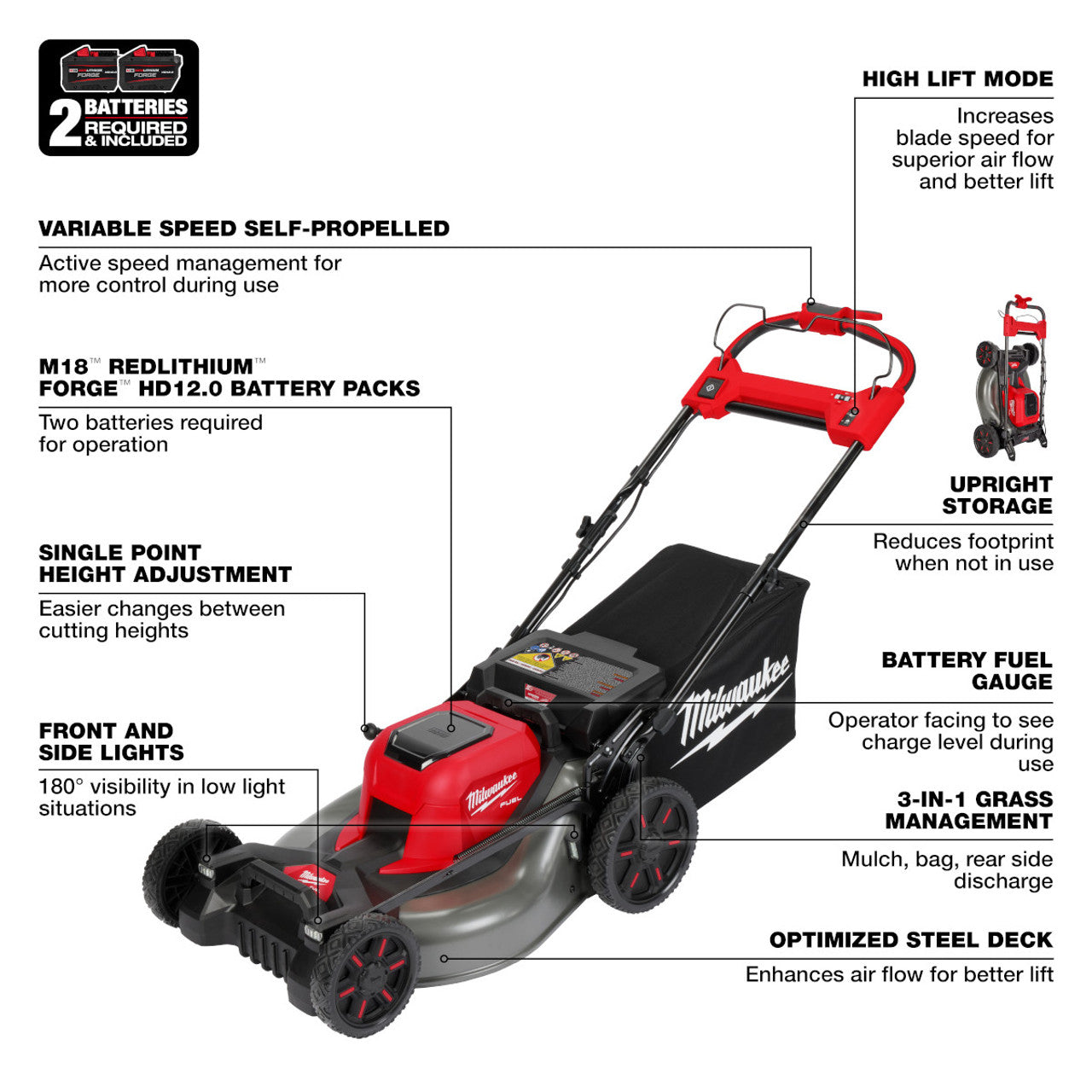 Milwaukee 2823-22HD M18 FUEL 18V Brushless Cordless 21-inch Walk Behind Self-Propelled Lawn Mower W/(2) 12.0 Ah Battery