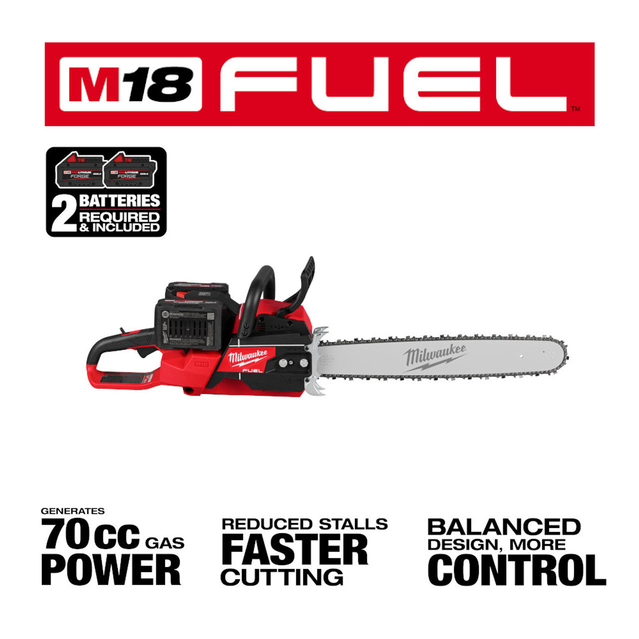 Milwaukee 2827-22 M18 FUEL 20-inch Dual Battery Chainsaw Kit w/ (2) FORGE XC8.0 Battery