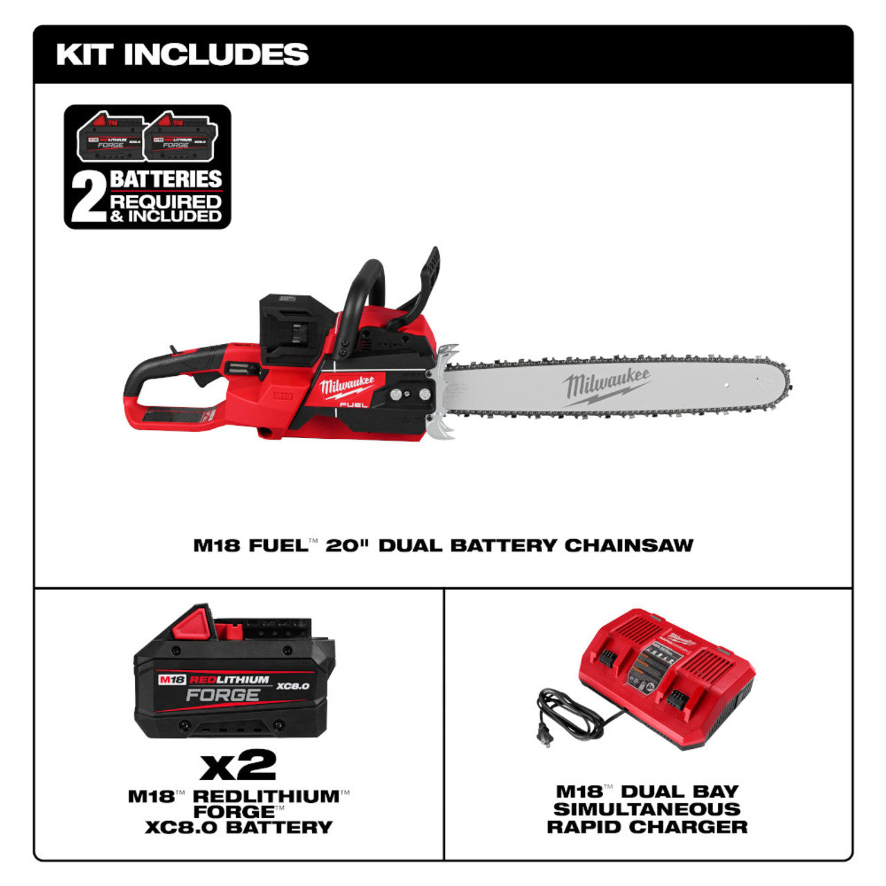 Milwaukee 2827-22 M18 FUEL 20-inch Dual Battery Chainsaw Kit w/ (2) FORGE XC8.0 Battery