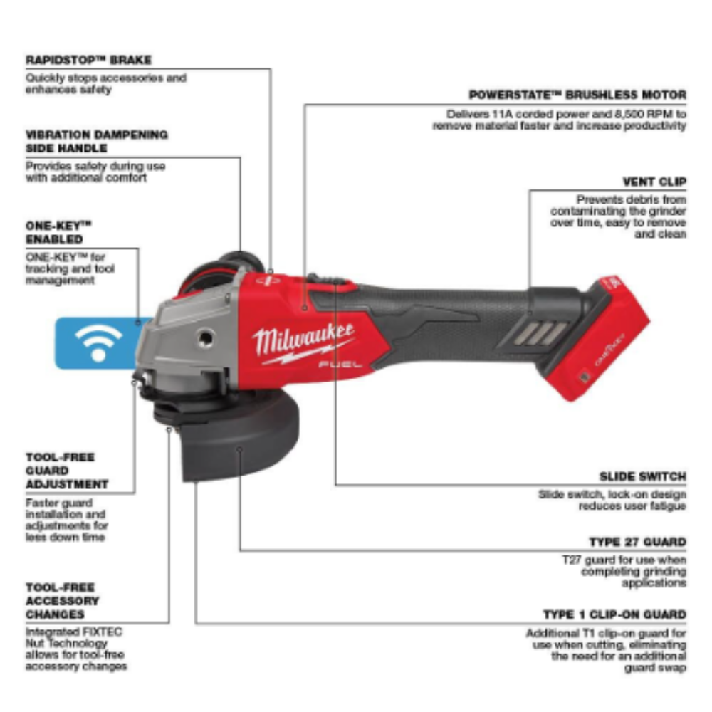 Milwaukee 2883-20 M18 FUEL 18-Volt Li-Ion Brushless Cordless 4-1/2-inch/5-inch Braking Grinder With Slide Switch (Tool-Only)