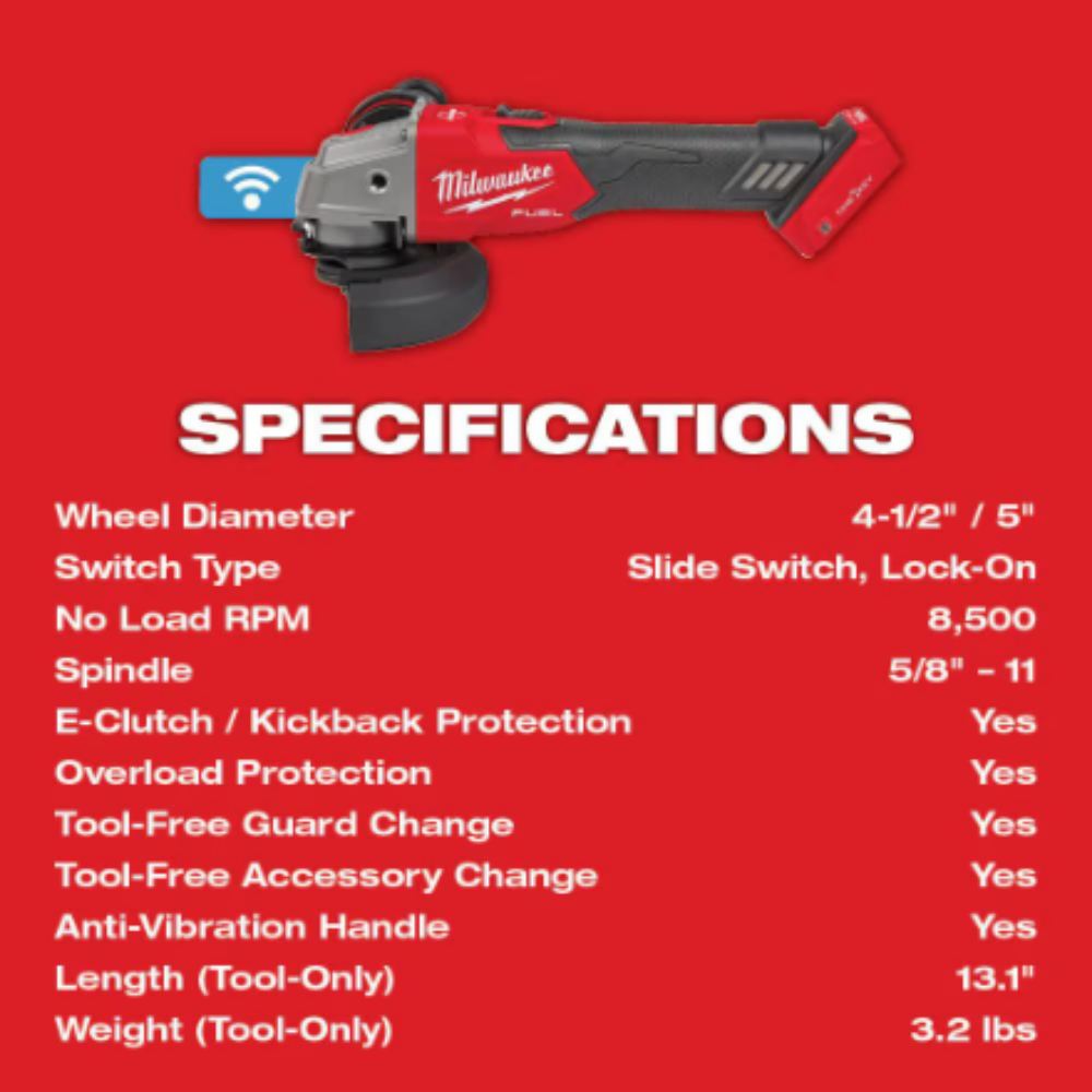 Milwaukee 2883-20 M18 FUEL 18-Volt Li-Ion Brushless Cordless 4-1/2-inch/5-inch Braking Grinder With Slide Switch (Tool-Only)