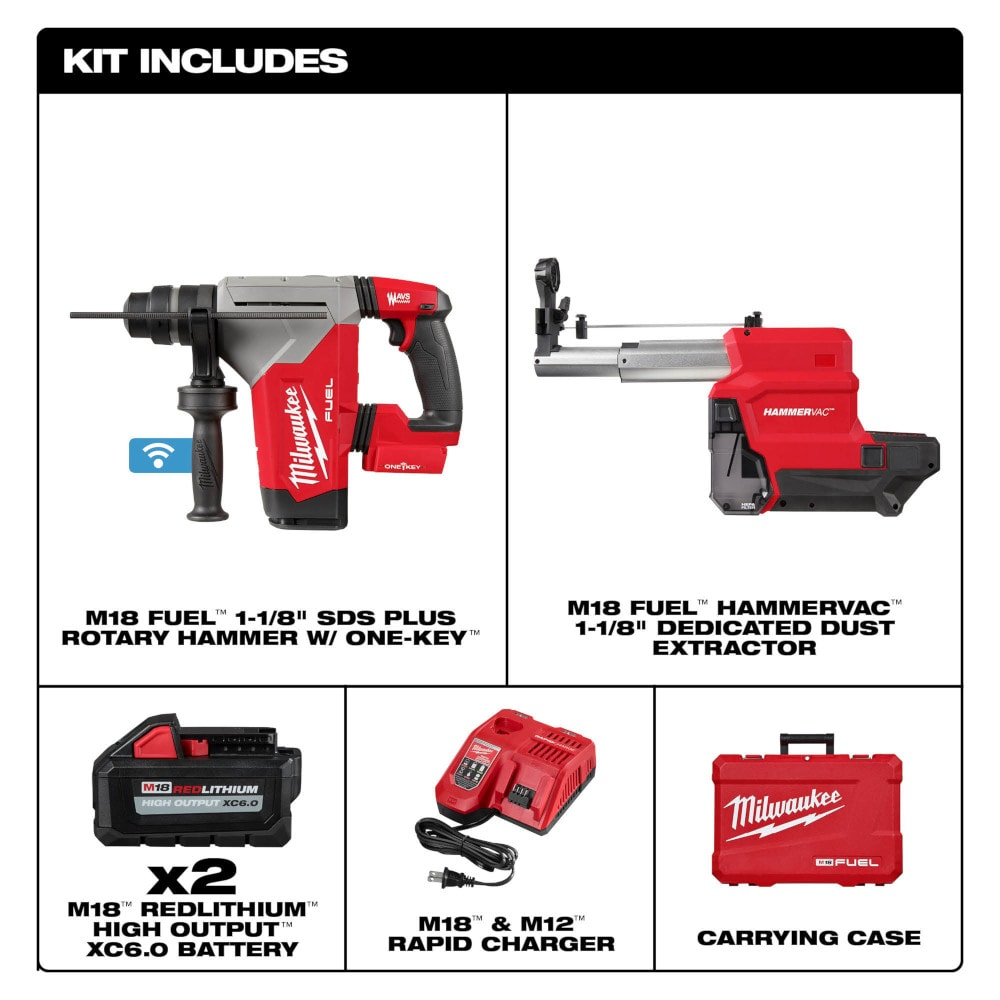 Milwaukee 2915-22DE M18 FUEL 18V Cordless 1-1/8" SDS-Plus Rotary Hammer/Dust Extractor Kit, (2) 6.0Ah Batteries