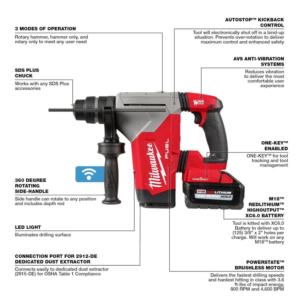 Milwaukee 2915-22DE M18 FUEL 18V Cordless 1-1/8" SDS-Plus Rotary Hammer/Dust Extractor Kit, (2) 6.0Ah Batteries