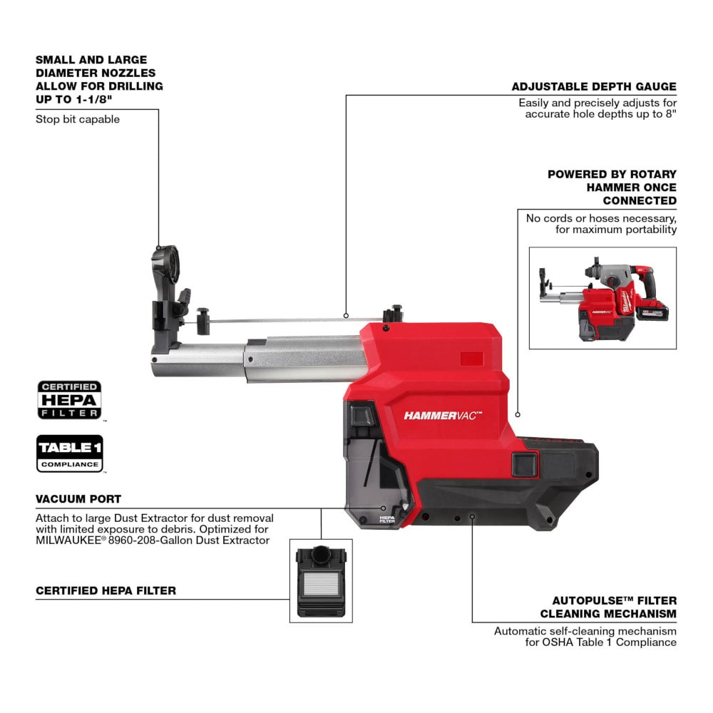 Milwaukee 2915-22DE M18 FUEL 18V Cordless 1-1/8" SDS-Plus Rotary Hammer/Dust Extractor Kit, (2) 6.0Ah Batteries