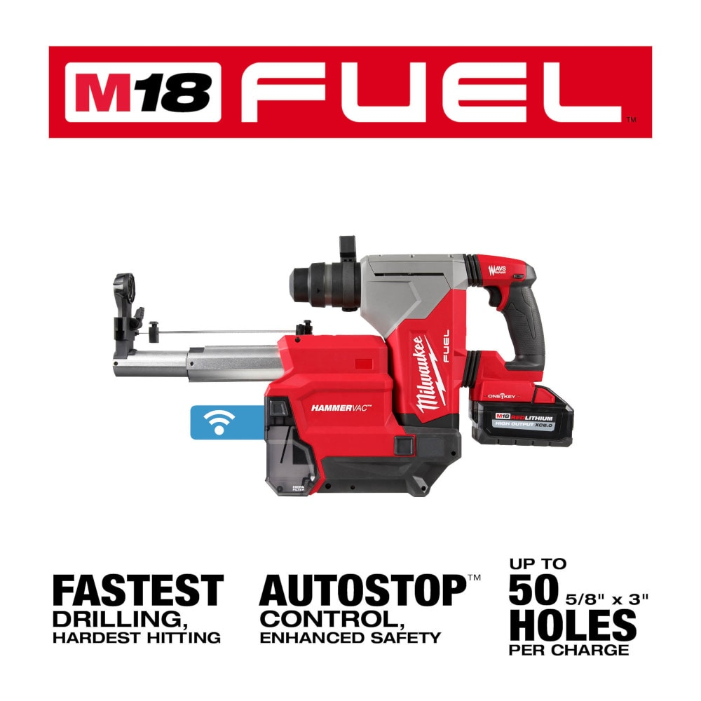 Milwaukee 2915-22DE M18 FUEL 18V Cordless 1-1/8" SDS-Plus Rotary Hammer/Dust Extractor Kit, (2) 6.0Ah Batteries