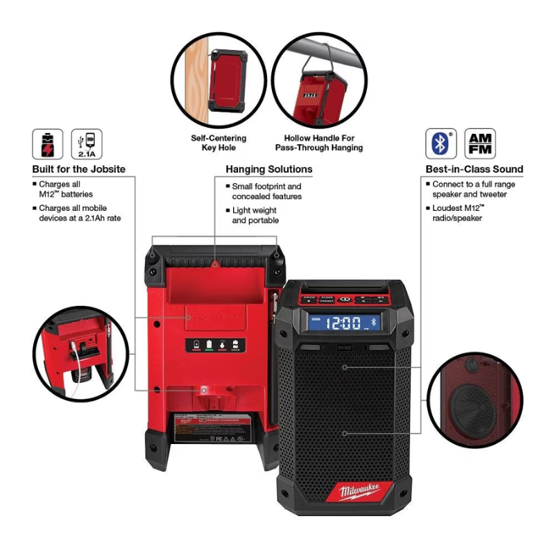 Milwaukee 2951-20 M12 12V Lithium-Ion Cordless Bluetooth/AM/FM Jobsite Radio and Charger (Tool Only)