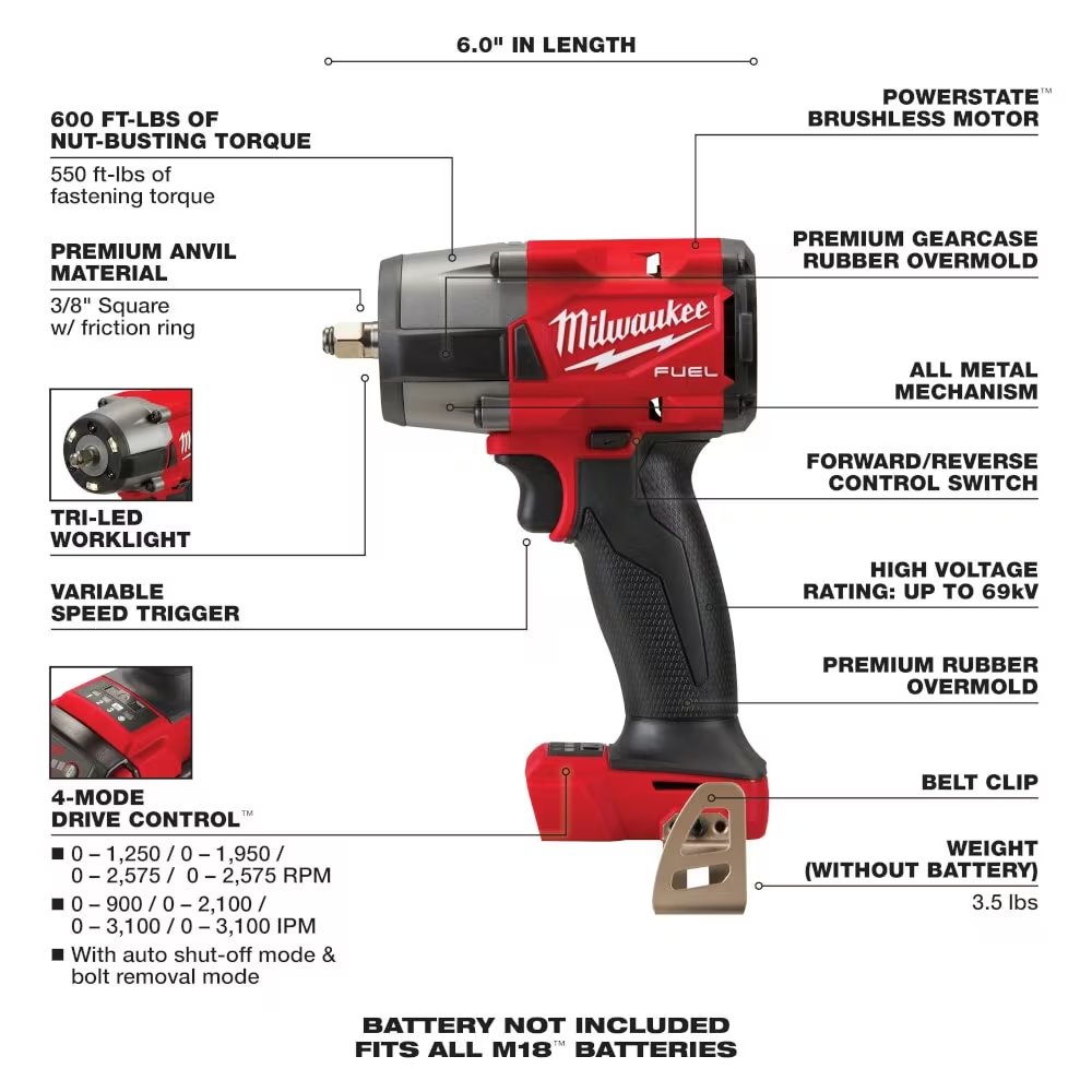 Milwaukee 2960-20 M18 FUEL 18V Li-Ion Brushless Mid Torque 3/8" Impact Wrench with Friction Ring (Tool Only)
