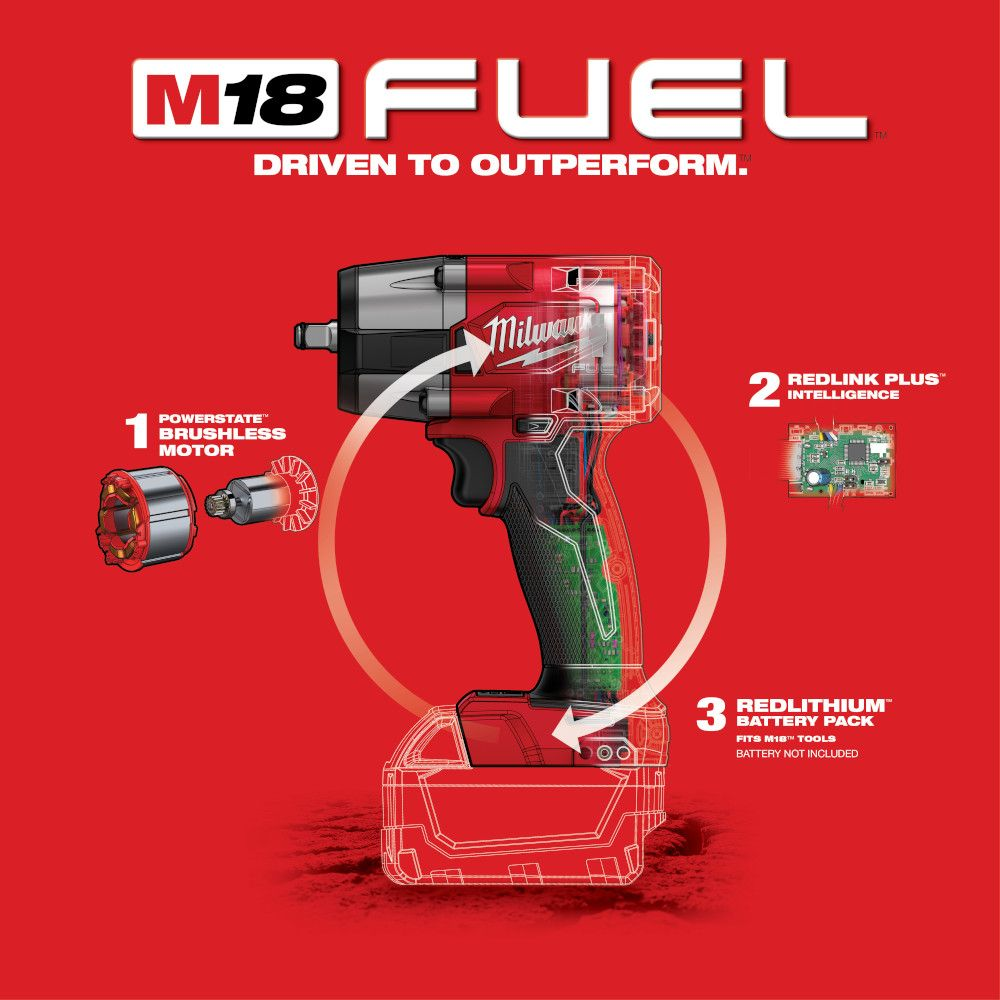Milwaukee 2960-20 M18 FUEL 18V Li-Ion Brushless Mid Torque 3/8" Impact Wrench with Friction Ring (Tool Only)