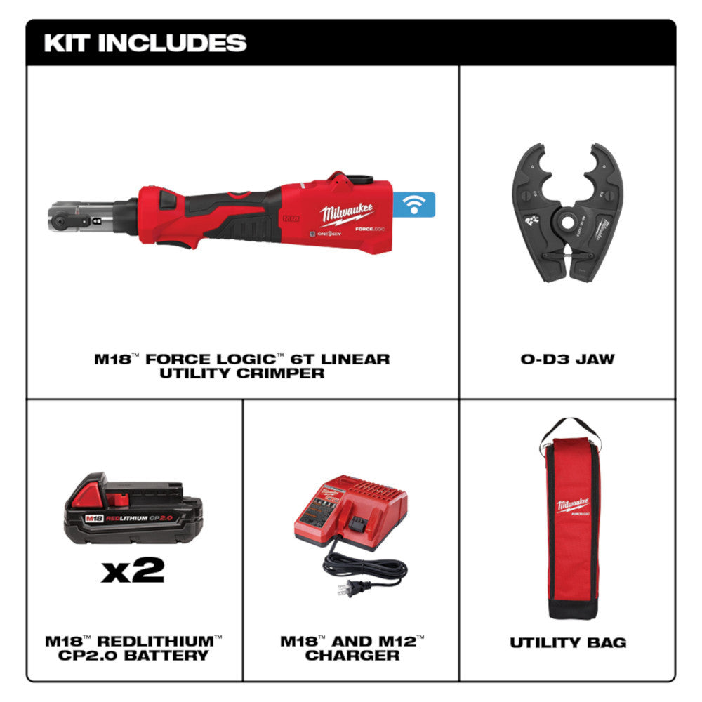 Milwaukee 2978-22O M18 FORCE LOGIC 6T Linear Utility Crimper Kit with O-D3 Jaw