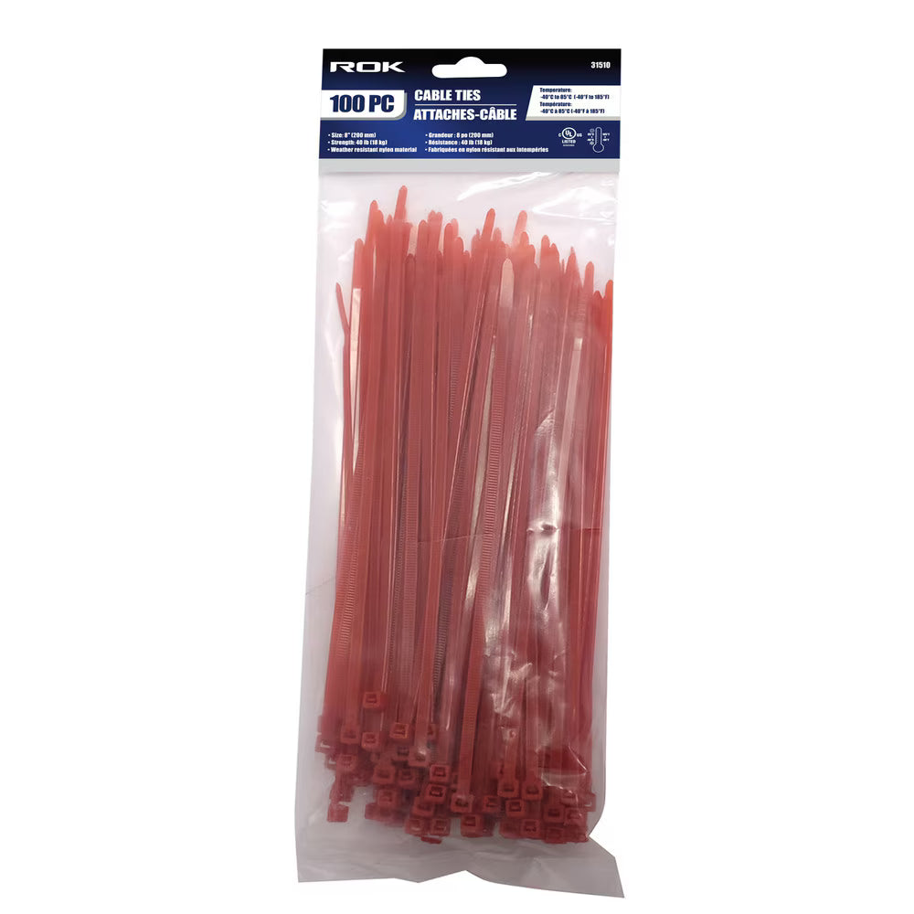 100 Pcs 8-Inch Red Nylon Cable Ties | Self-Locking Zip Ties for Wire & Cable Management