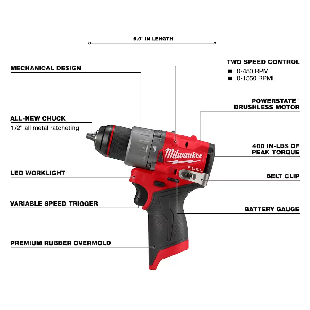 Milwaukee 3404-20 M12 FUEL 12-Volt Lithium-Ion Brushless Cordless Next Generation 1/2" Hammer Drill (Tool-Only)