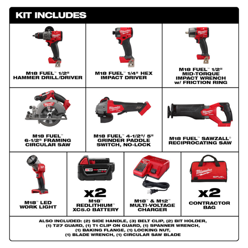 Milwaukee 3697-27 M18 FUEL 18V Lithium-Ion Brushless Cordless Combo Kit (7-Tool) w/ (2) 5.0 Ah Batteries, 2 Tool Bags