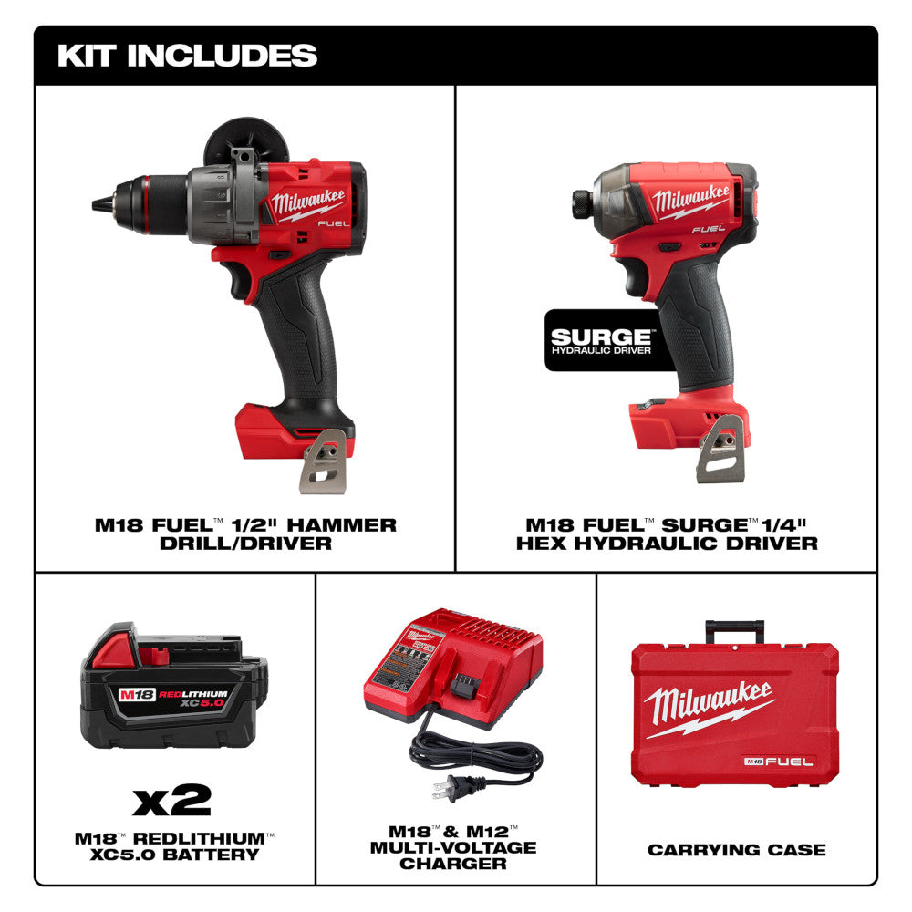 Milwaukee 3699-22 M18 FUEL 2-Tool Cordless Brushless SURGE 1/4in Hex Hydraulic Driver & 1/2in Hammer Drill Kit