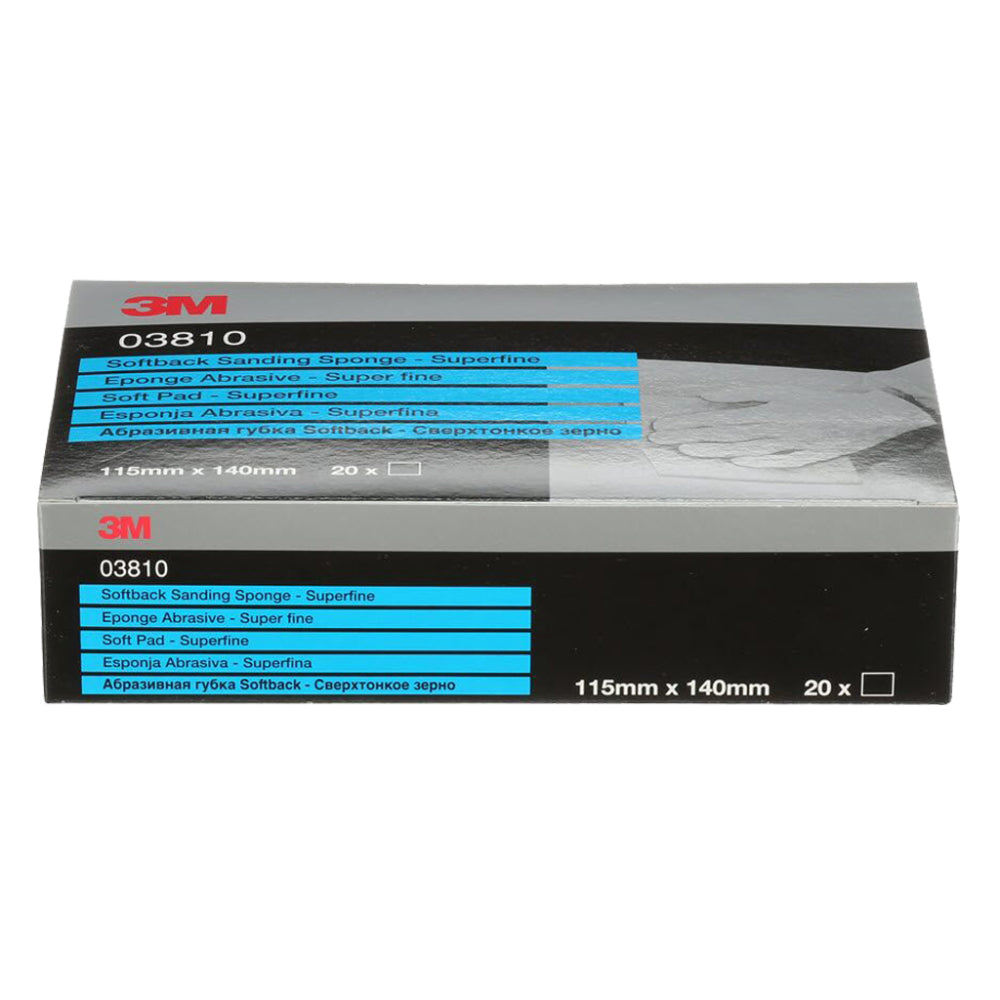 3M 03810 softback sanding sponge superfine grade in black and blue retail box of 20 pads sized 115mm x 140mm for ultra-fine contour sanding and finishing on curved surfaces paint and clearcoat