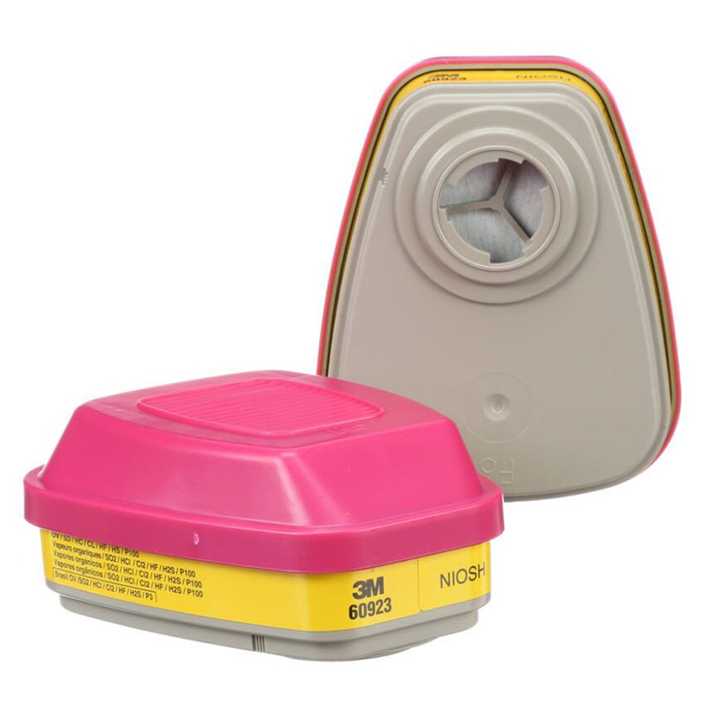 3M 60923 NIOSH P100 organic vapour acid gas respirator cartridge filter front and back view