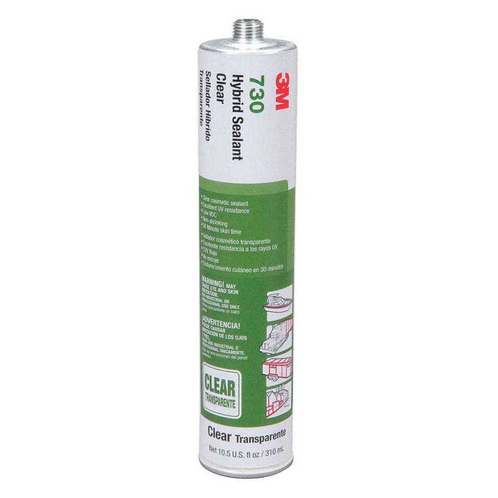 3M 730 clear hybrid sealant in a 310ml 10.5 fl oz cartridge with green label, low VOC non-shrinking cosmetic sealant with UV resistance and 30-minute skin time for marine, transportation, and construction applications