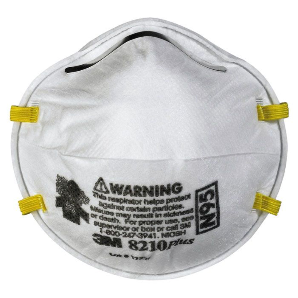 3M 8210 Plus N95 particulate respirator mask with yellow elastic straps and NIOSH approval label