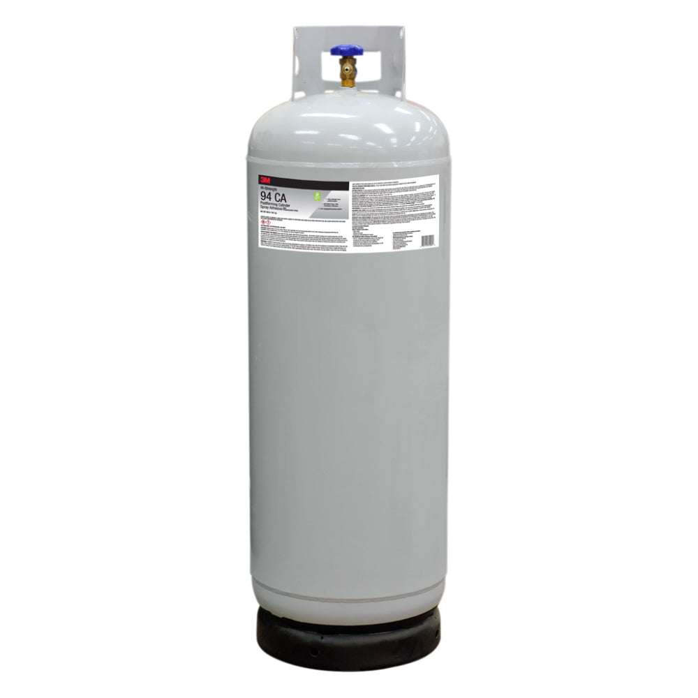 3M Hi-Strength 94 CA FF clear fragrance-free postforming cylinder spray adhesive in a large 128 lb industrial pressurized cylinder with brass valve, for high-volume laminate and countertop fabrication