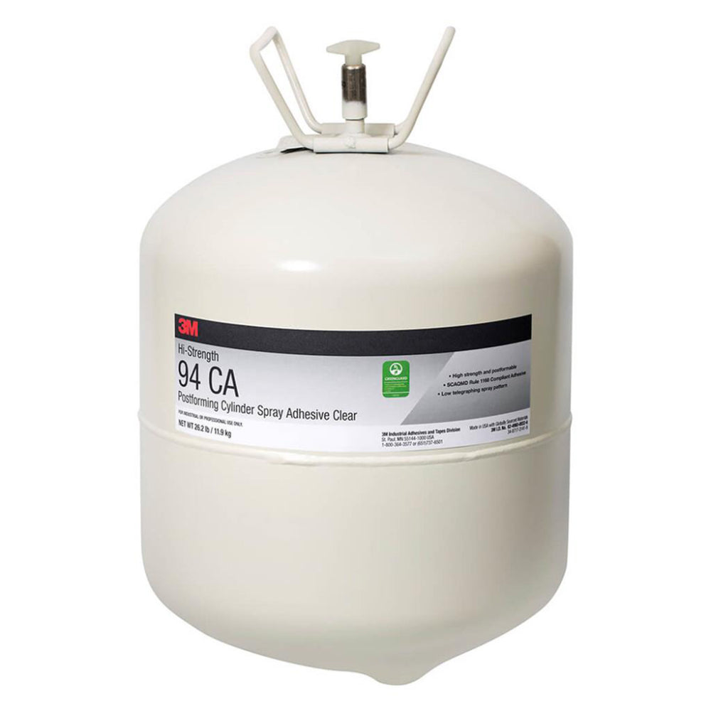 3M Hi-Strength 94 CA clear postforming cylinder spray adhesive in a 26.2 lb 11.9 kg pressurized tank, SCAQMD Rule 1168 compliant, Greenguard certified, for industrial laminate bonding