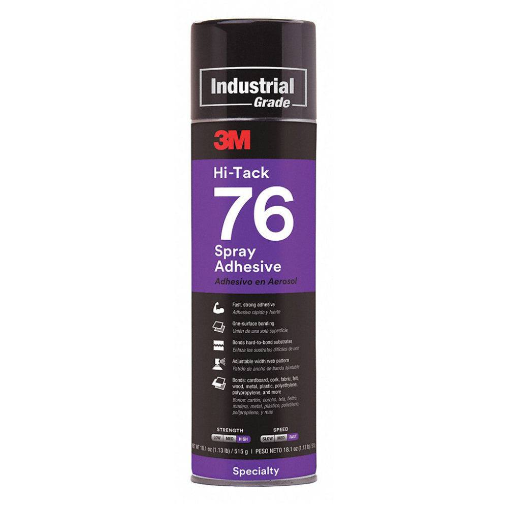 3M Hi-Tack 76 industrial grade specialty clear spray adhesive in an 18.1 oz 515g black and purple aerosol can, high strength fast speed one-surface bonding with adjustable web pattern, bonds cardboard, cork, fabric, felt, wood, metal, polyethylene, and polypropylene