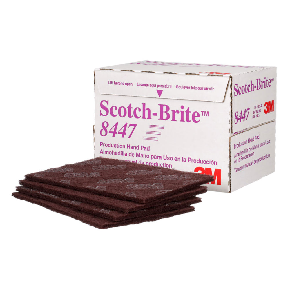 3M Scotch-Brite 8447 maroon production non-woven hand pads 6 x 9 inch shown with retail dispenser box for surface preparation scuffing and finishing on metal wood and painted surfaces