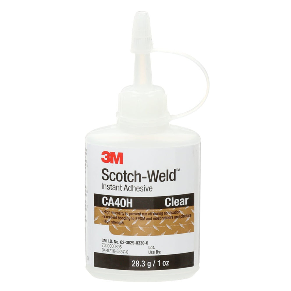 3M Scotch-Weld CA40H clear high viscosity instant adhesive cyanoacrylate in a 28.3g 1 oz squeeze bottle with precision tip, high strength bonding for EPDM rubber and plastics