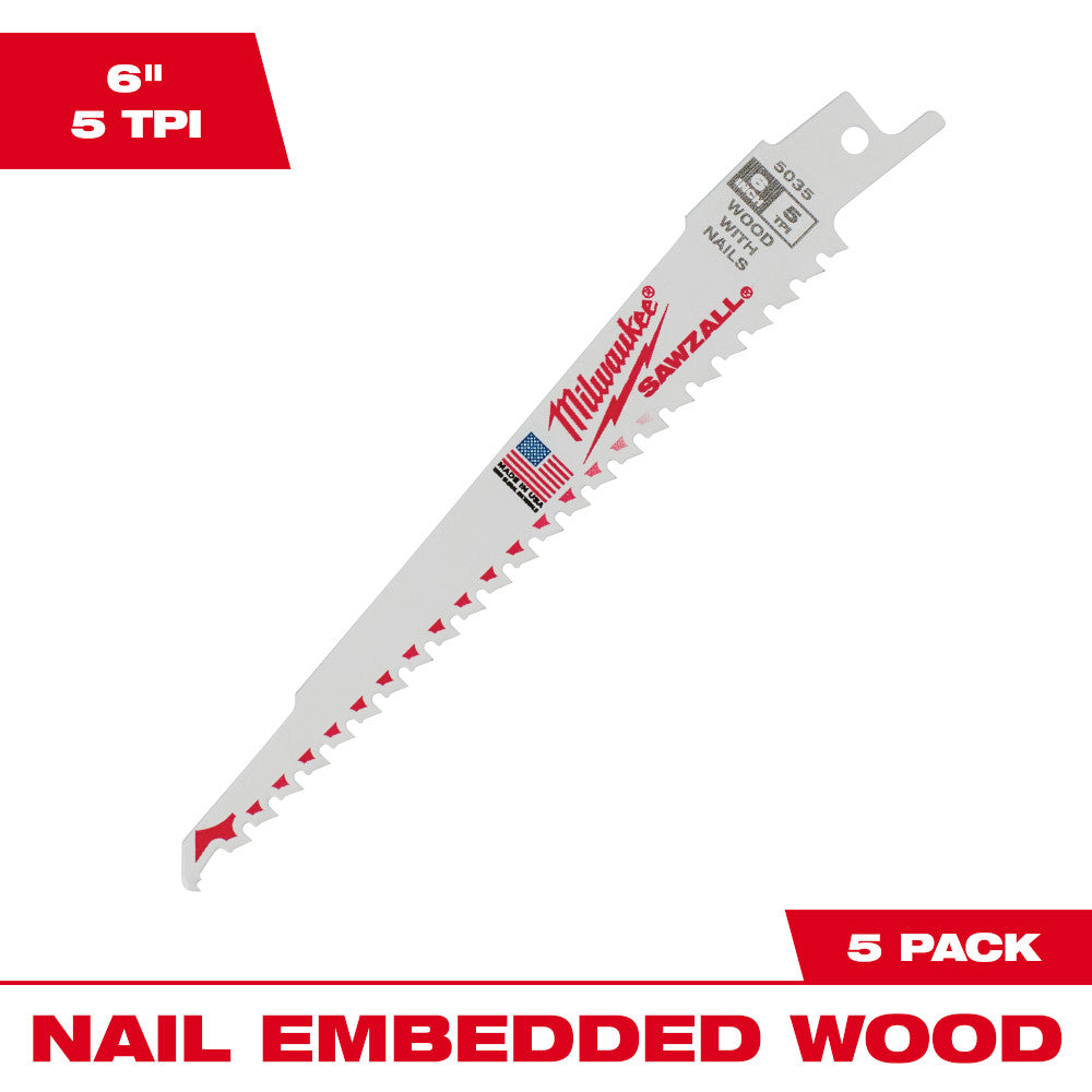 Milwaukee 48-00-5035 SAWZALL 6in 5 TPI Nail Embedded Wood Cutting Blade - 5pk