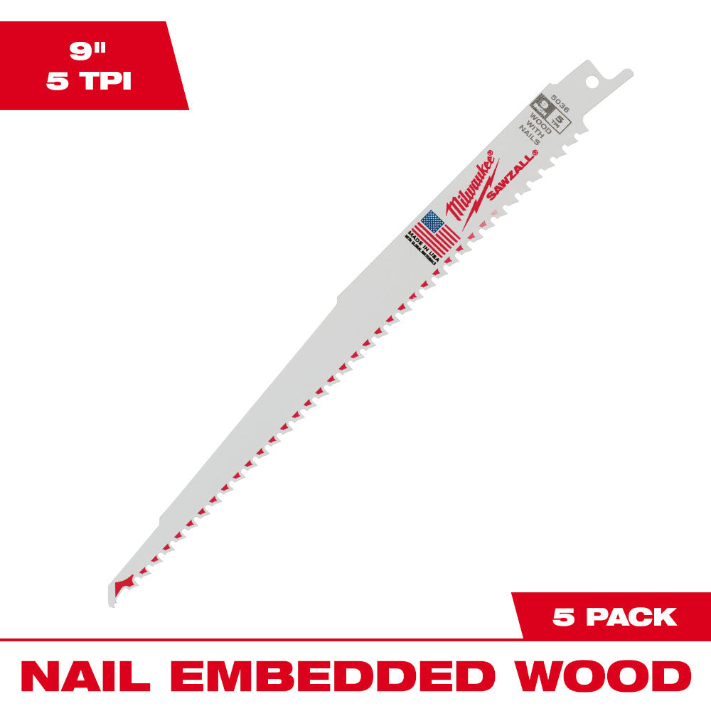 Milwaukee 48-00-5036 SAWZALL 9in 5 TPI Nail Embedded Wood Cutting Blade - 5pk