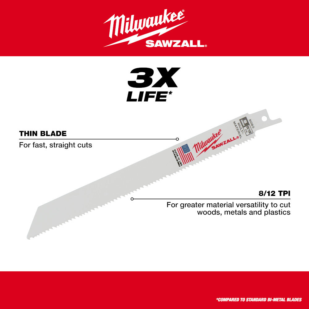 Milwaukee 48-00-5093 SAWZALL 8in 8/12 TPI Reciprocating Saw Blades - 5pk