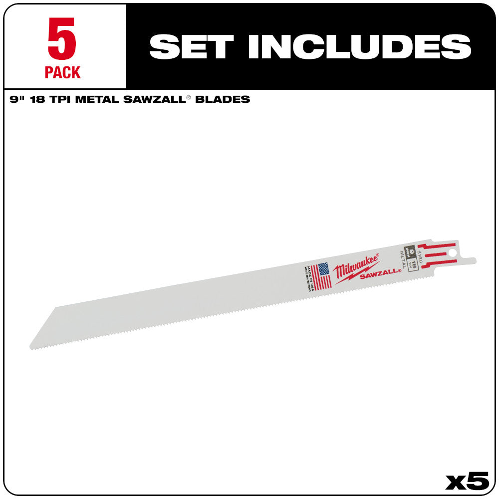 Milwaukee 48-00-5188 SAWZALL 9in 18 TPI Metal Cutting Blades - 5pk