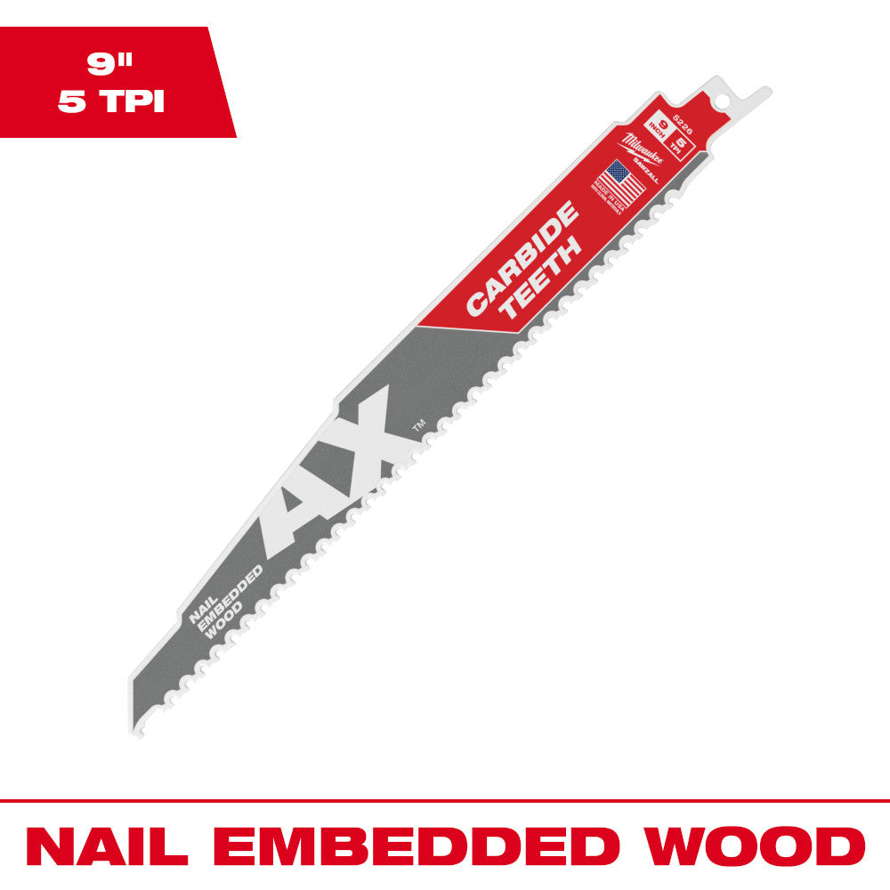 Milwaukee 48-00-5226 SAWZALL THE AX 9in 5 TPI Reciprocating Saw Blade with Carbide Teeth
