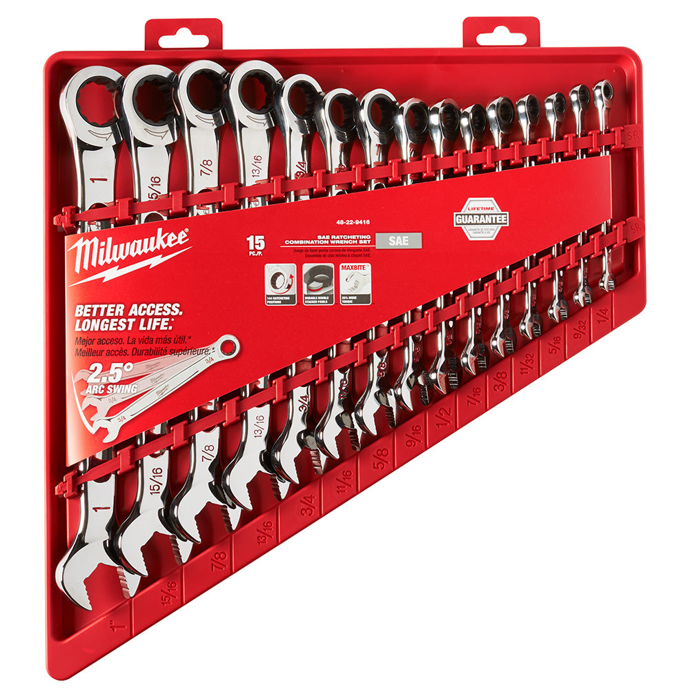 Milwaukee 48-22-9416 15pc SAE Ratcheting Combination Wrench Set